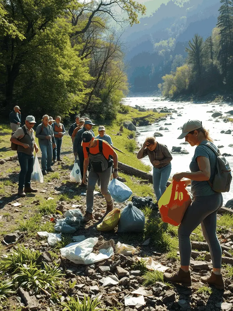 A group of people of different ages participating in a river cleanup, removing trash and debris from the riverbank, showcasing community involvement.