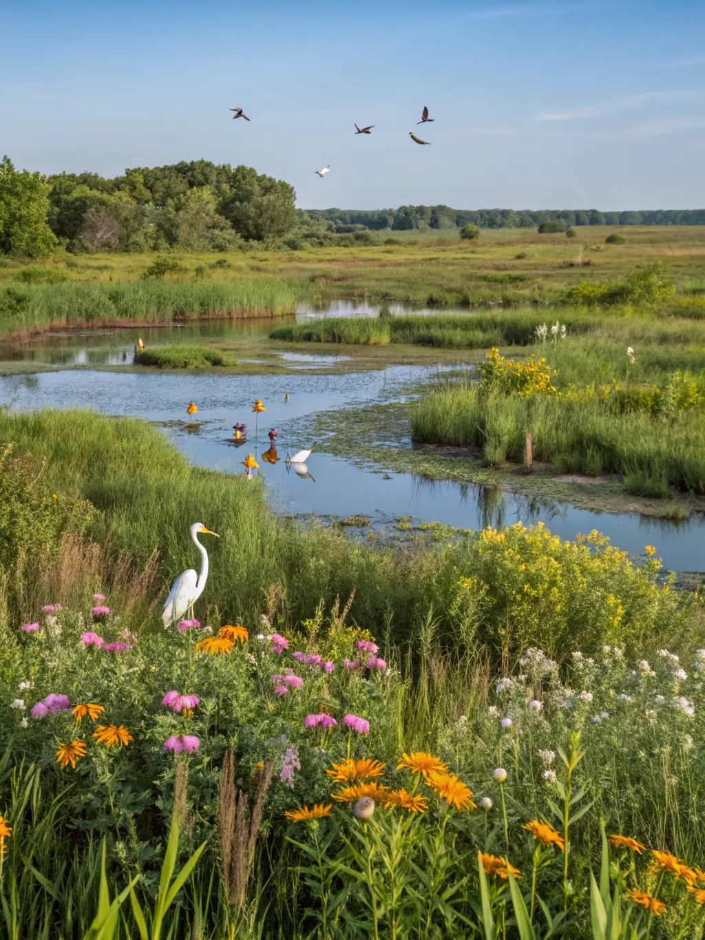A photo of a restored wetland area with diverse plant life and wildlife, demonstrating the positive impact of habitat restoration projects.