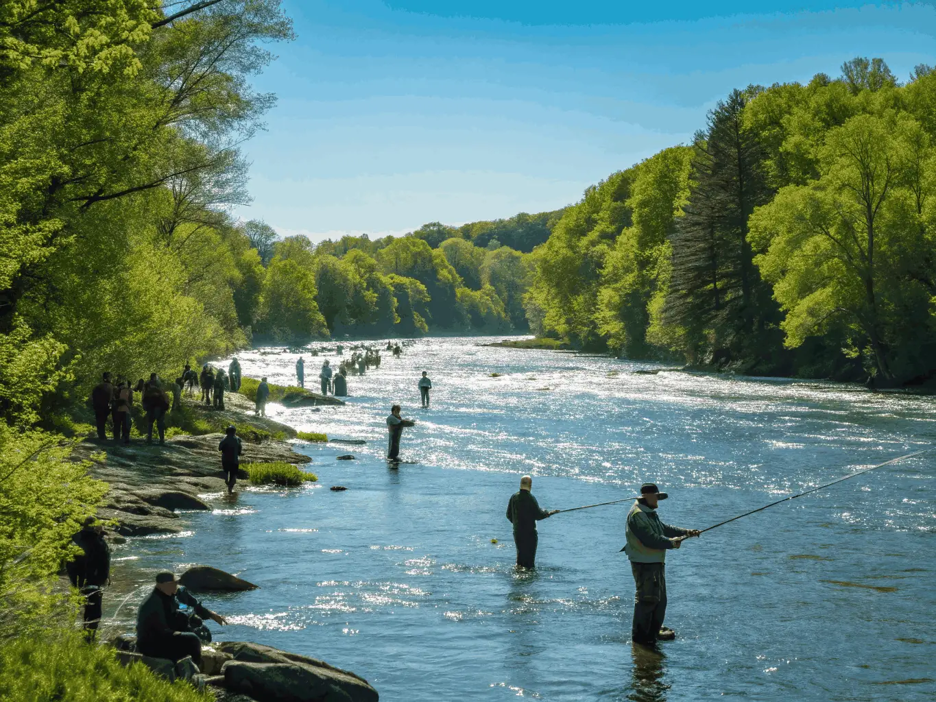 A scenic view of a well-managed fishing area with anglers enjoying the sport responsibly, showcasing sustainable fishery practices.