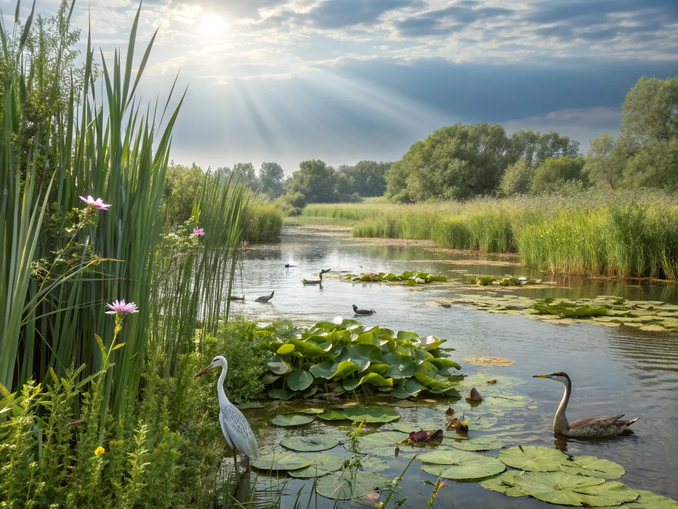 A vibrant image of a restored wetland area, teeming with diverse aquatic life, symbolizing the success of ecosystem conservation efforts.