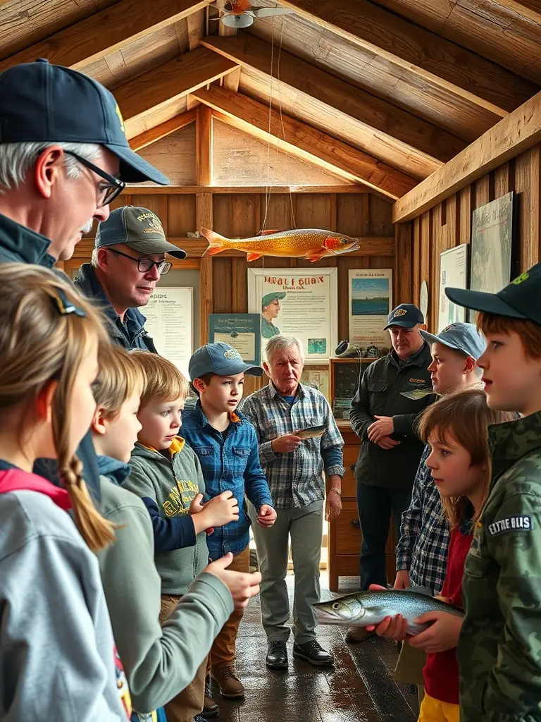 An educational workshop where children are learning about aquatic ecosystems and responsible fishing practices, highlighting the importance of education.