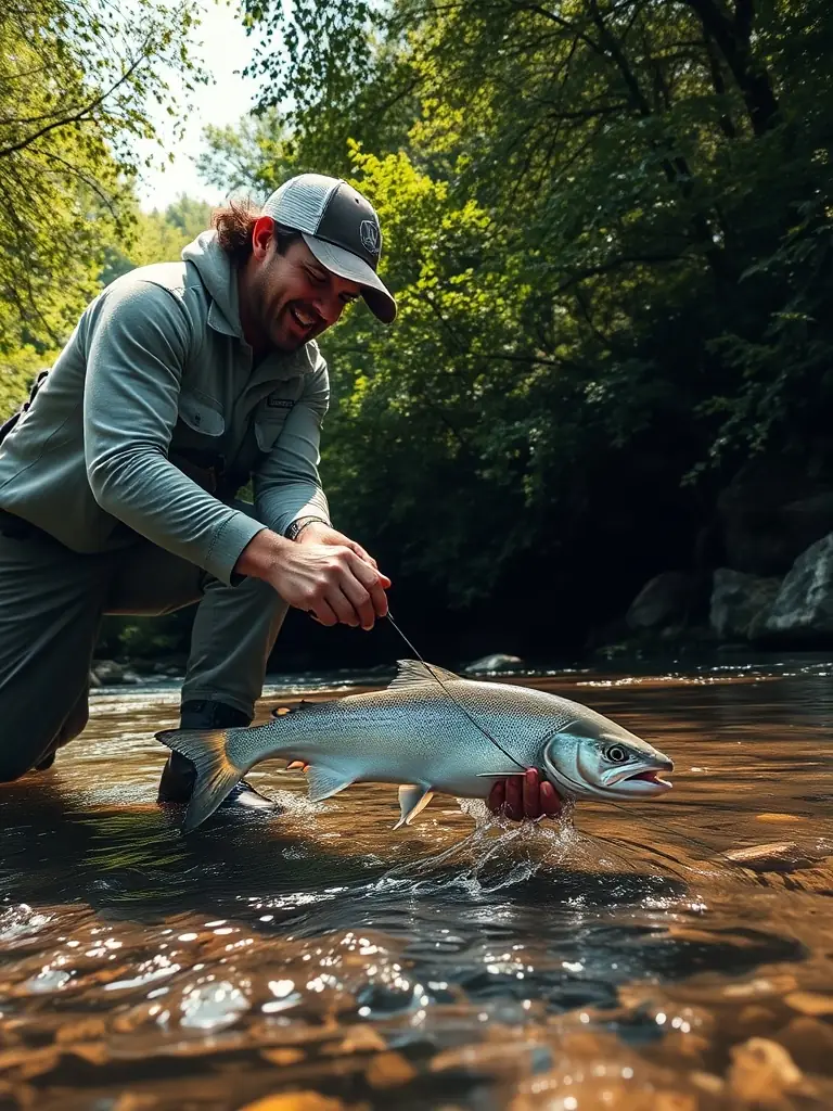 A serene image of a volunteer releasing a tagged fish back into a clear, flowing river, emphasizing the organization's commitment to monitoring and conserving fish populations.