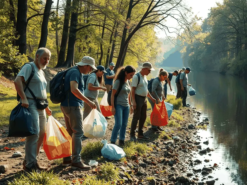 A group of community members participating in a river cleanup activity, highlighting the importance of community involvement in environmental stewardship.